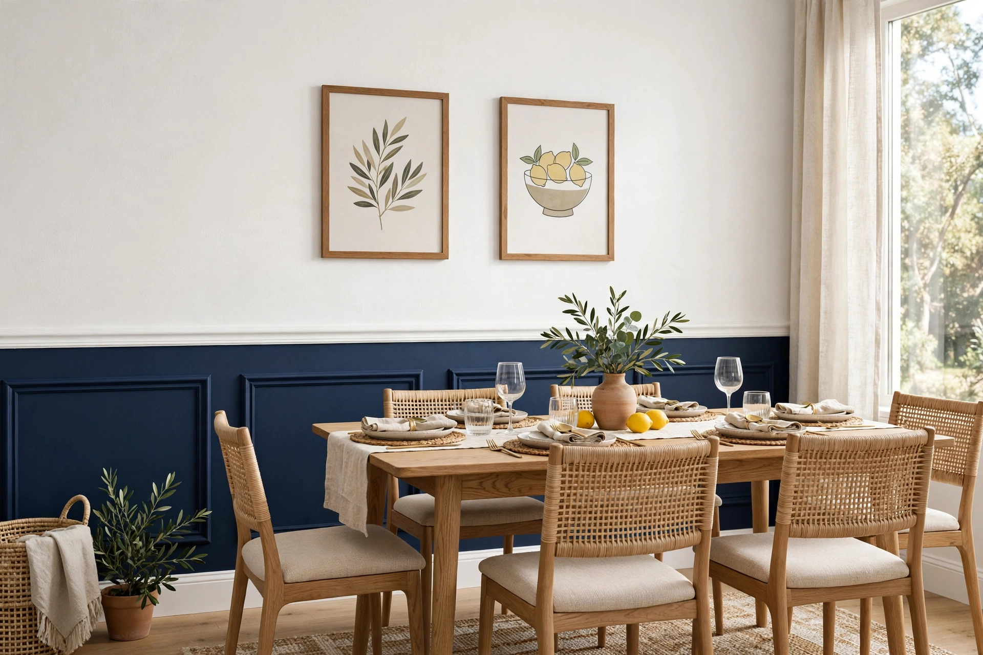 Two tone dining room wall with a white chair rail and navy below