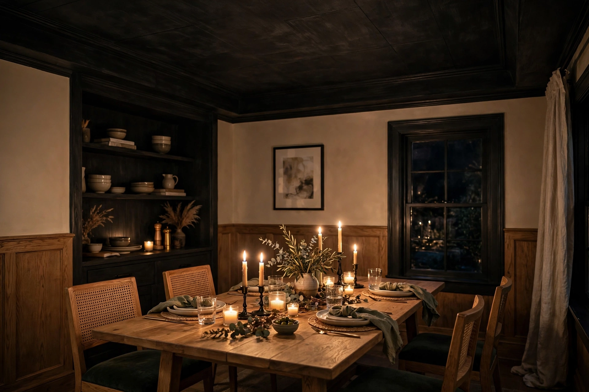 Intimate dining room with a dark charcoal ceiling and candlelight