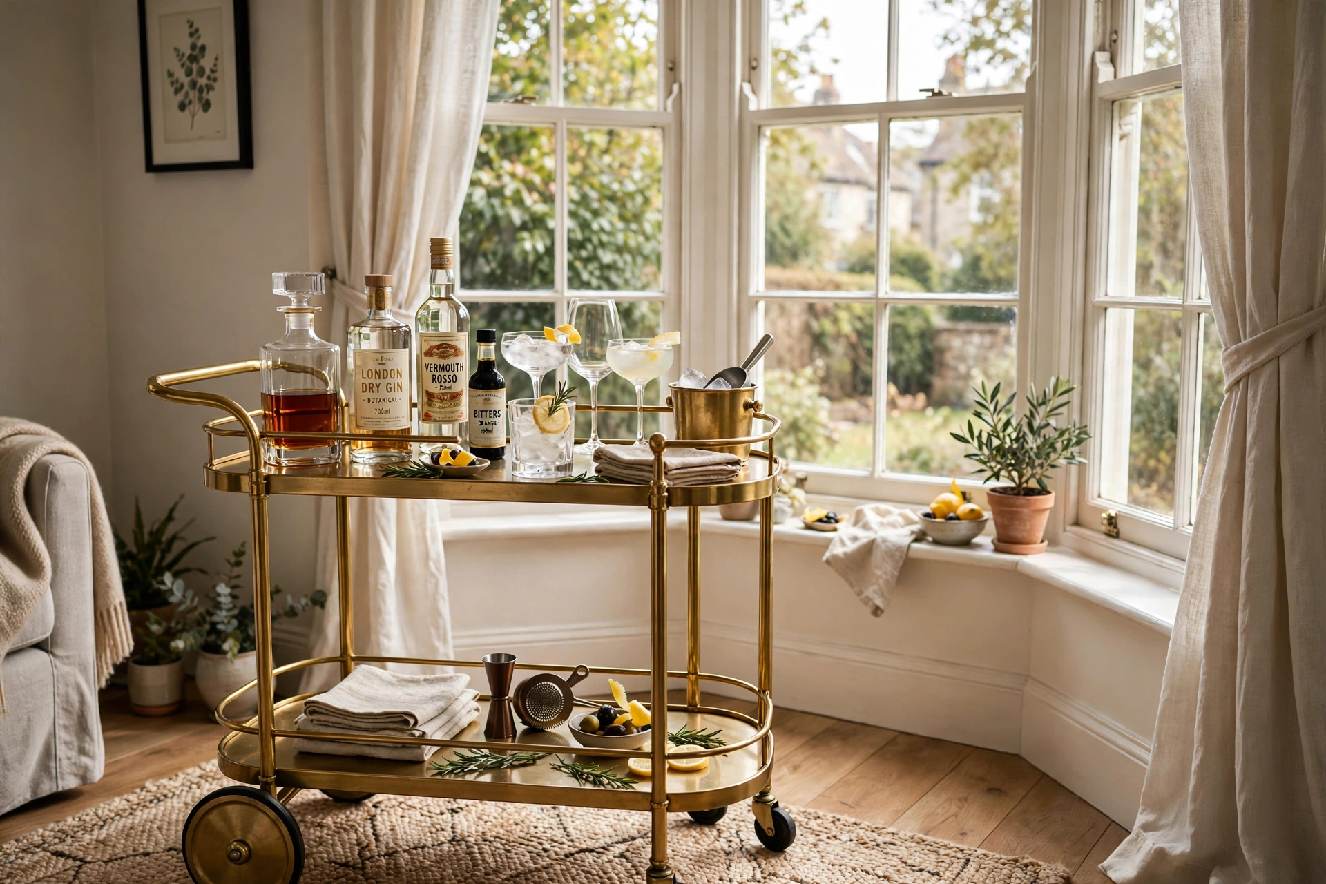 Brass bar cart styled with glassware beside a bay window