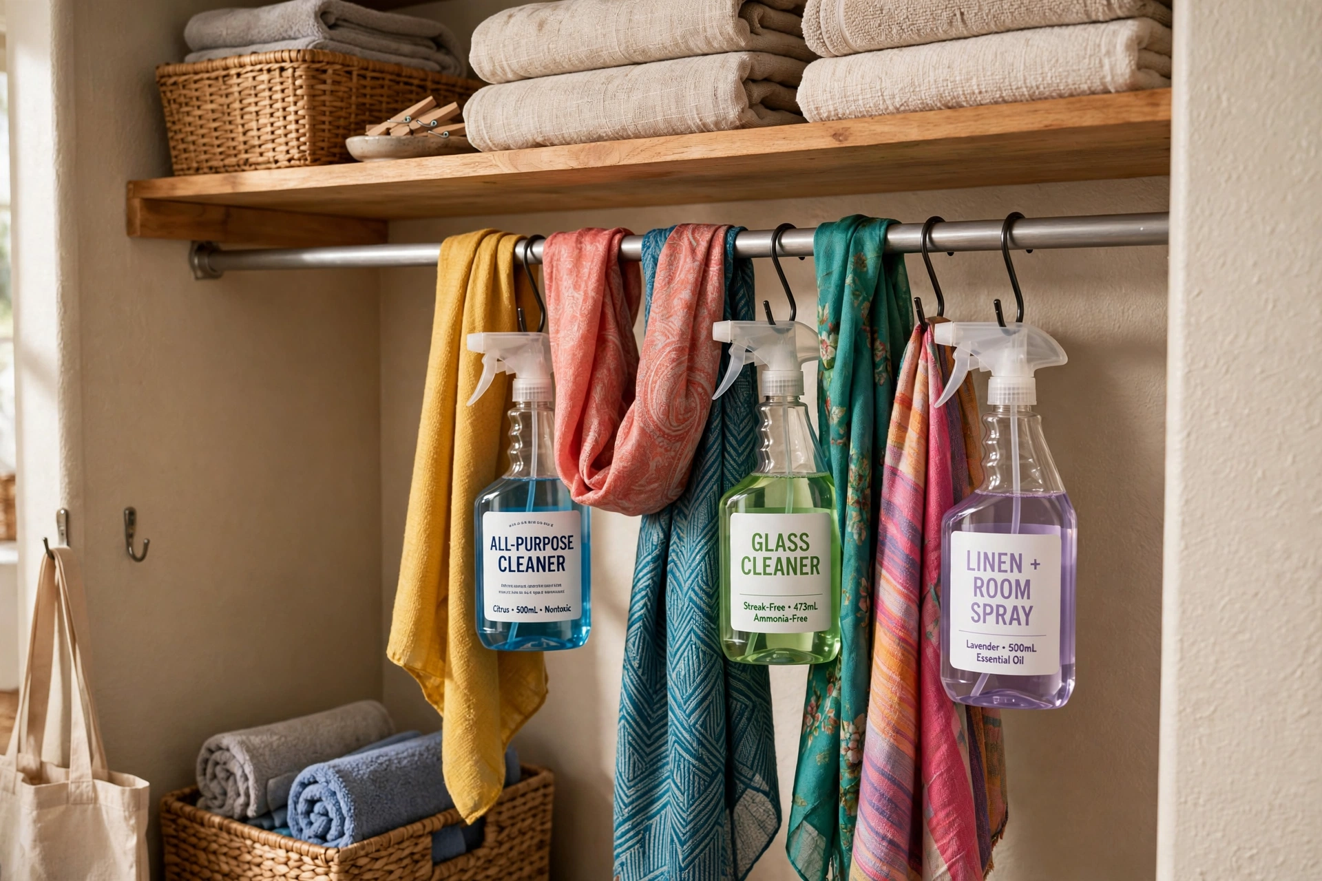 Tension rod holding scarves and spray bottles in a closet corner