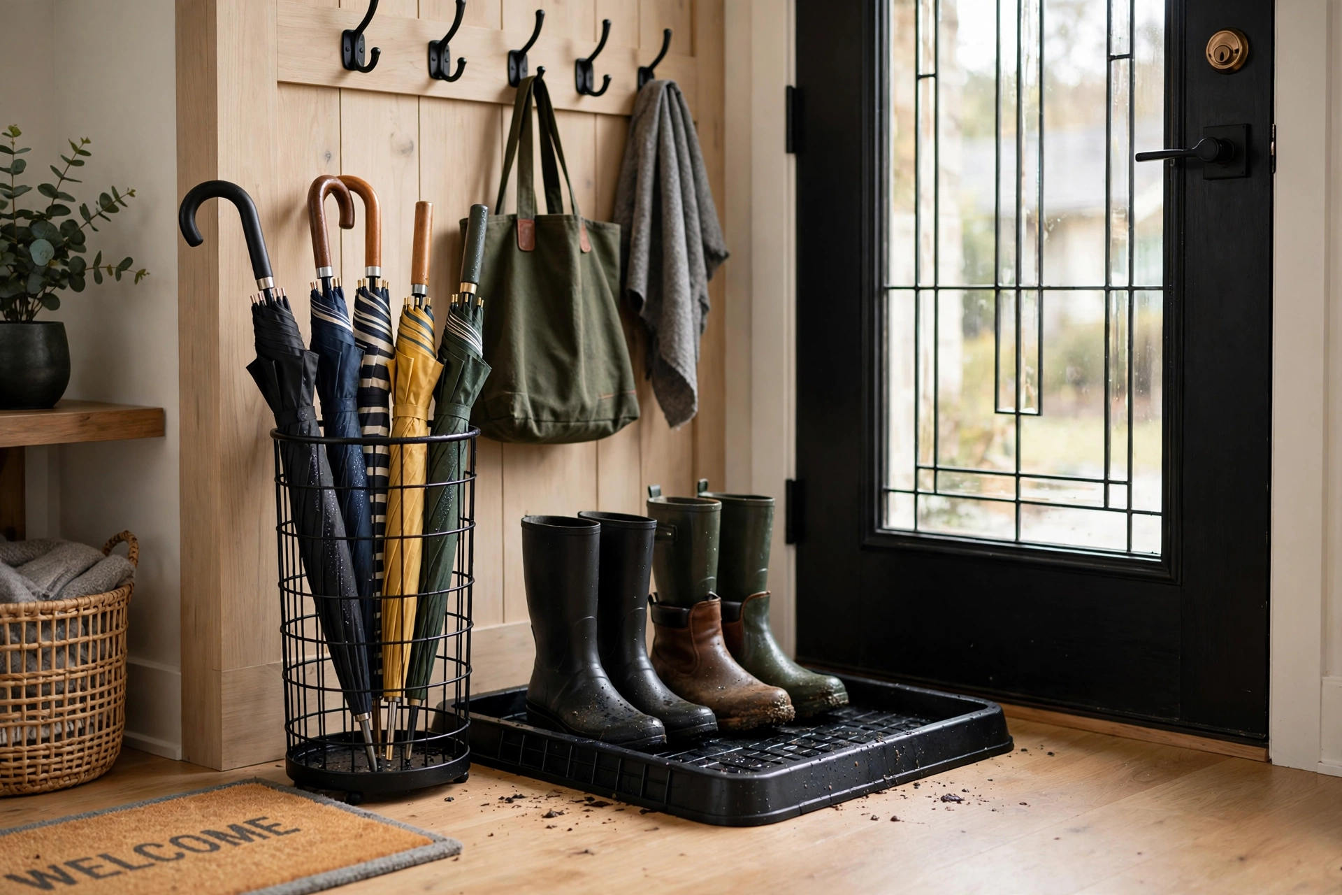 Umbrella stand paired with a rubber boot tray by the front door