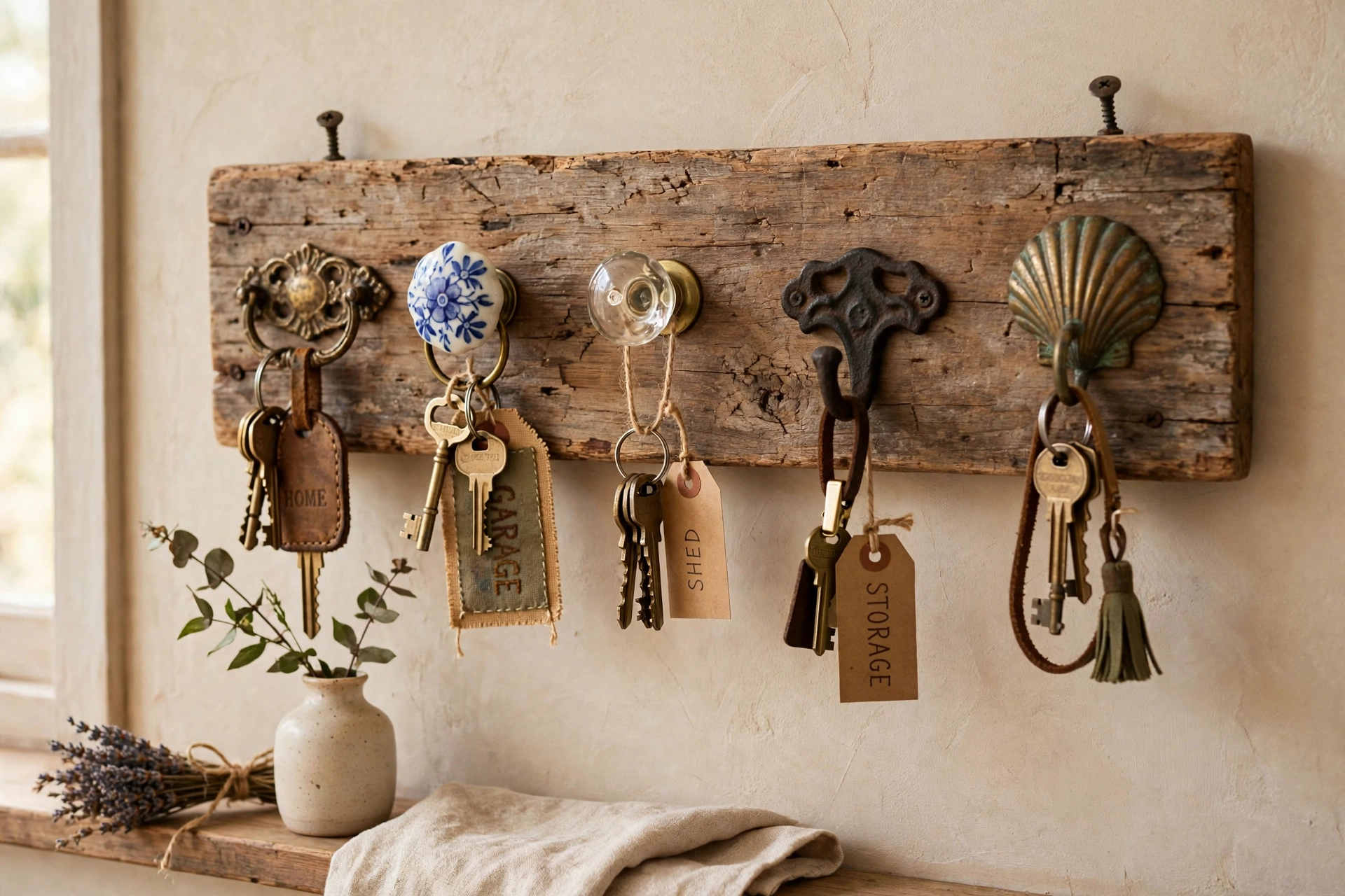 Board of mismatched vintage drawer pulls used as key hooks