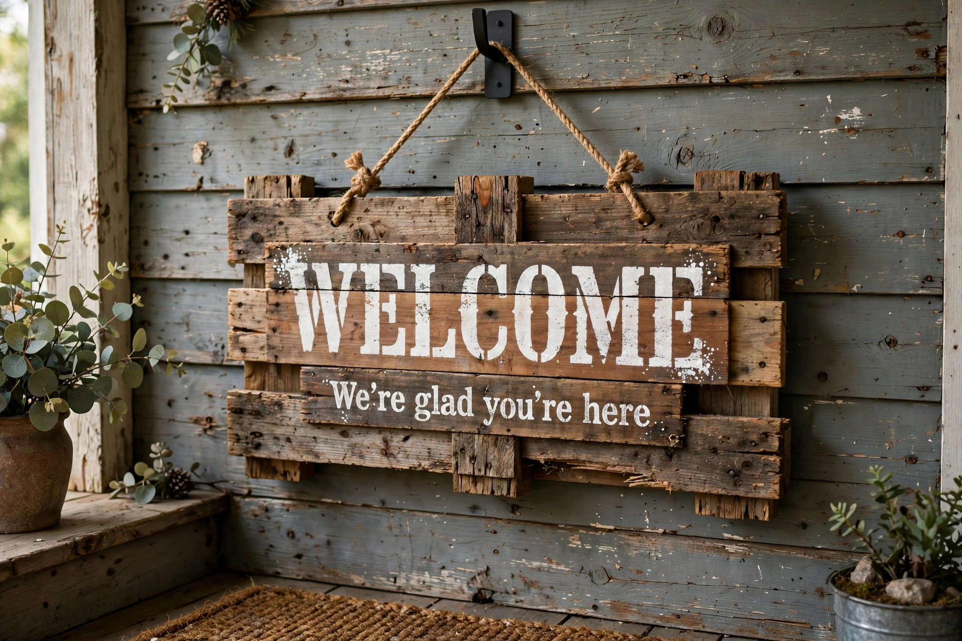 Rustic cedar pallet sign with stenciled welcome quote on a porch wall