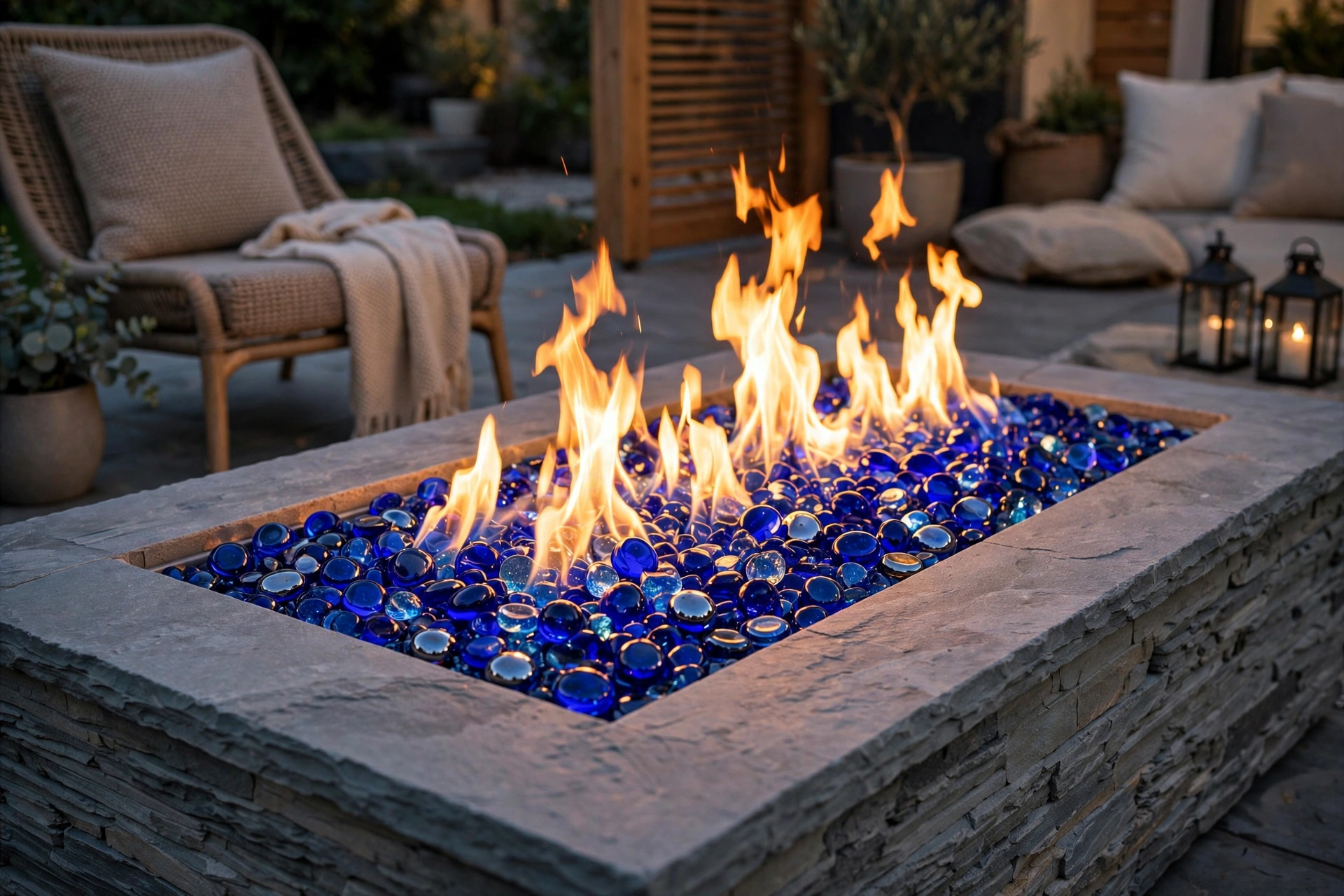 Gas fire pit filled with cobalt blue fire glass reflecting flames