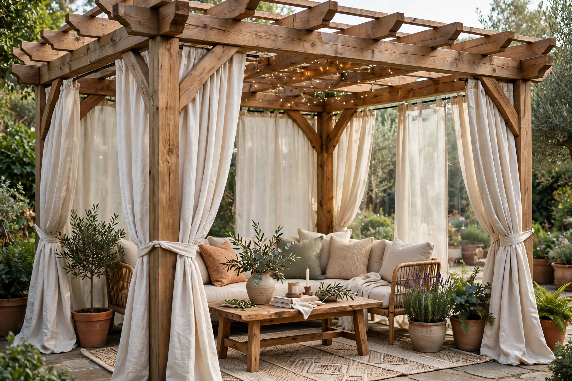 Pergola with curtains on all four sides forming an outdoor room