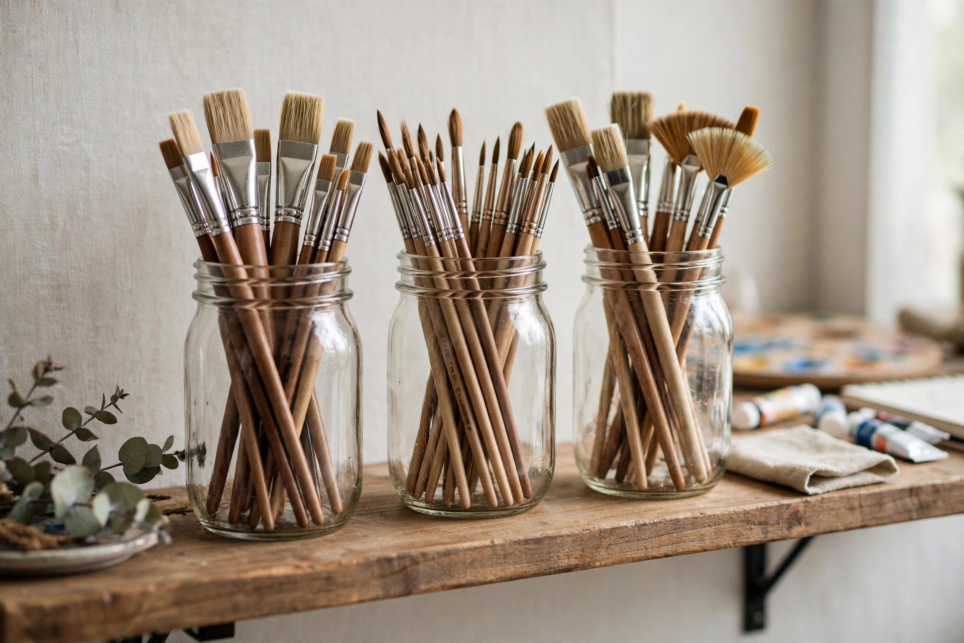 Clear glass jars holding sorted paintbrushes on a studio shelf