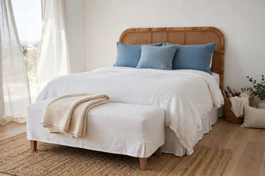 White linen slipcovered bench at the foot of a bed in a coastal bedroom