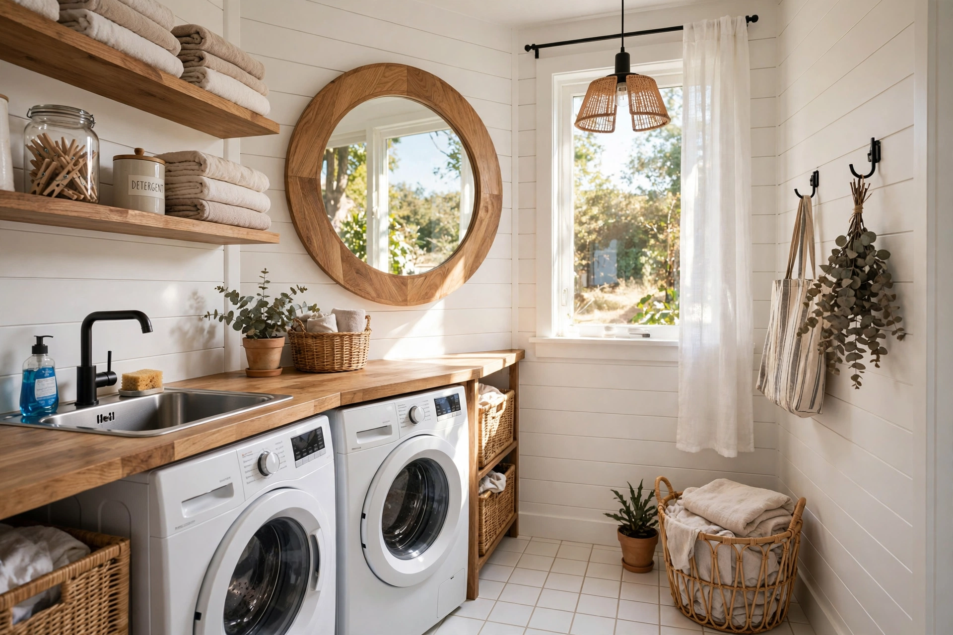 Round mirror reflecting light in a small windowless laundry room