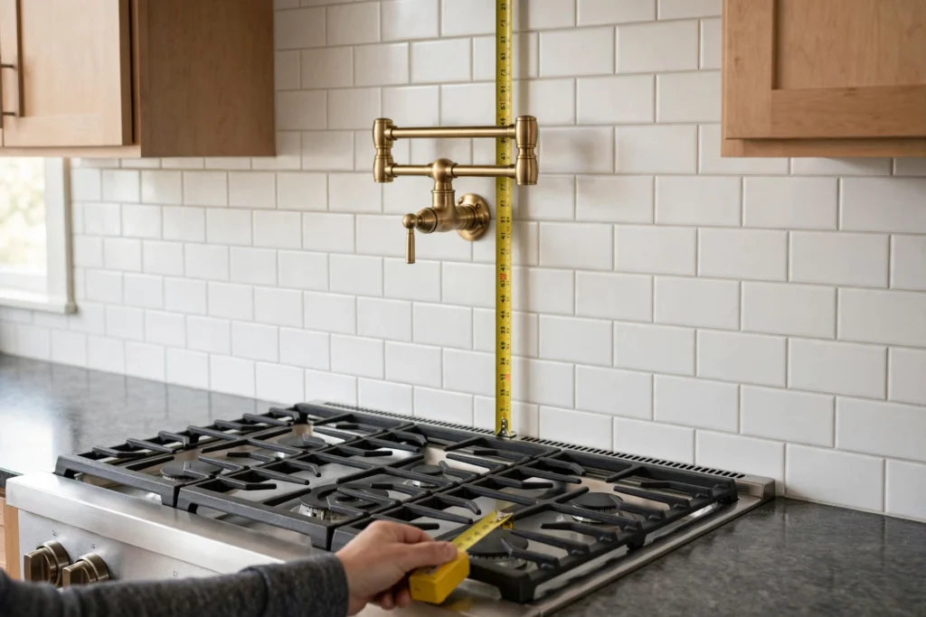 Measuring tape showing proper pot filler mounting height above a cooktop