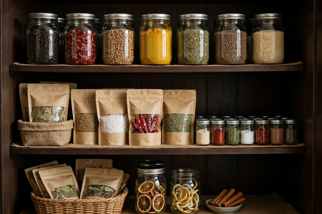 Bulk spice bags stored in mason jars in a dark pantry beside small daily jars