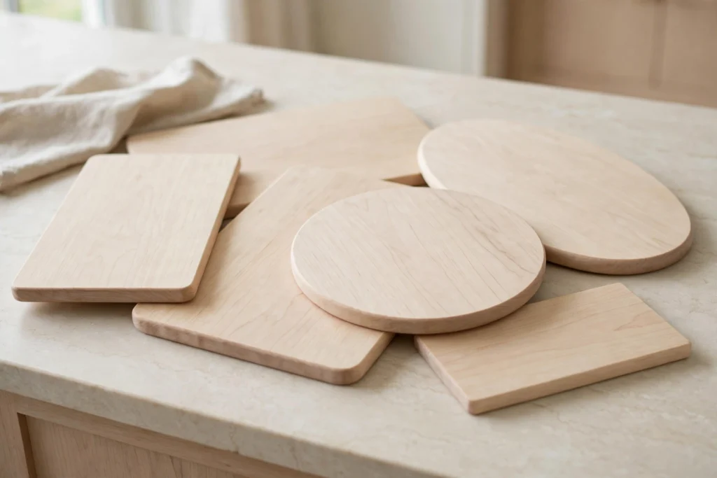 Collection of pale maple cutting boards in matching tones on a light counter