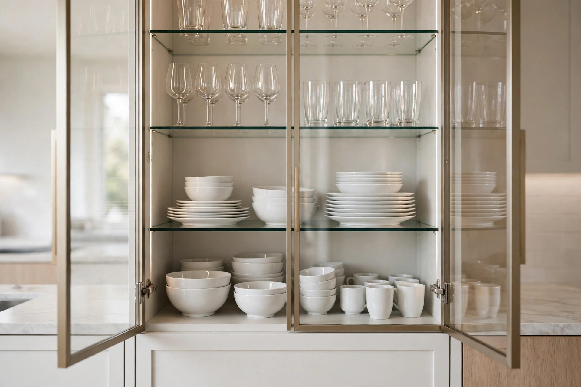 Spotless glass cabinet interior with polished dishes wiped clean inside and out