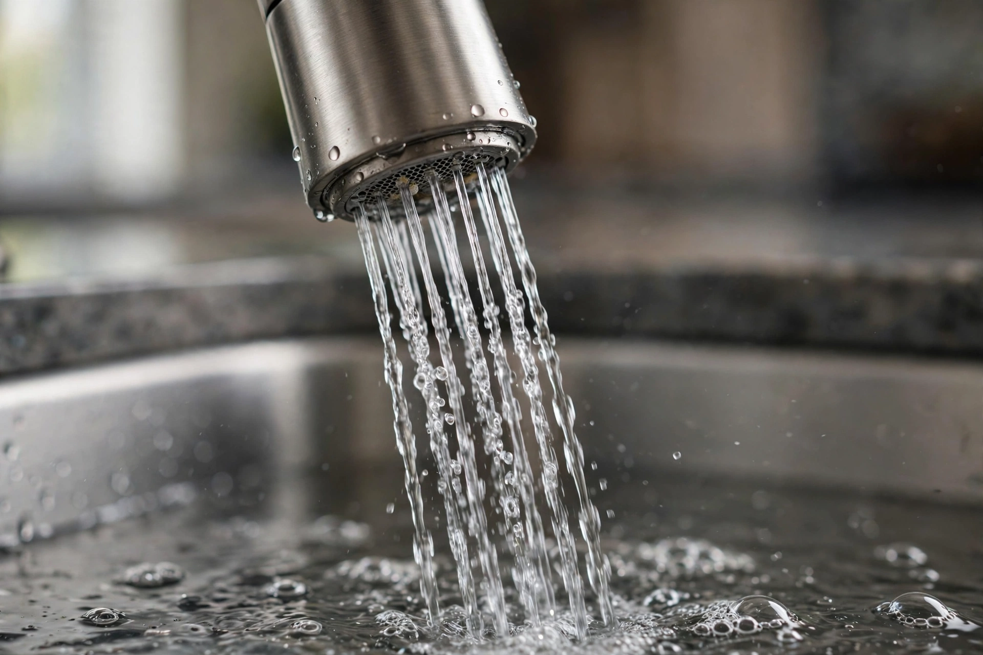 Close-up of a faucet aerator demonstrating efficient low-flow water stream