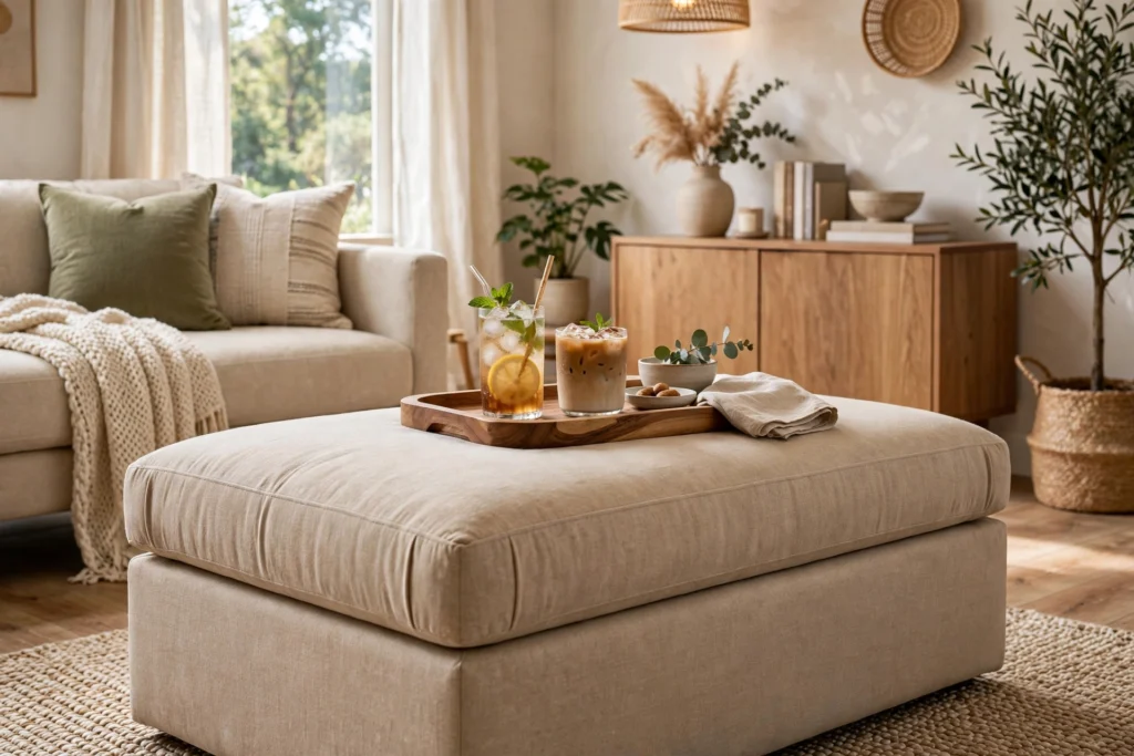 Fully upholstered ottoman bench with tray holding drinks