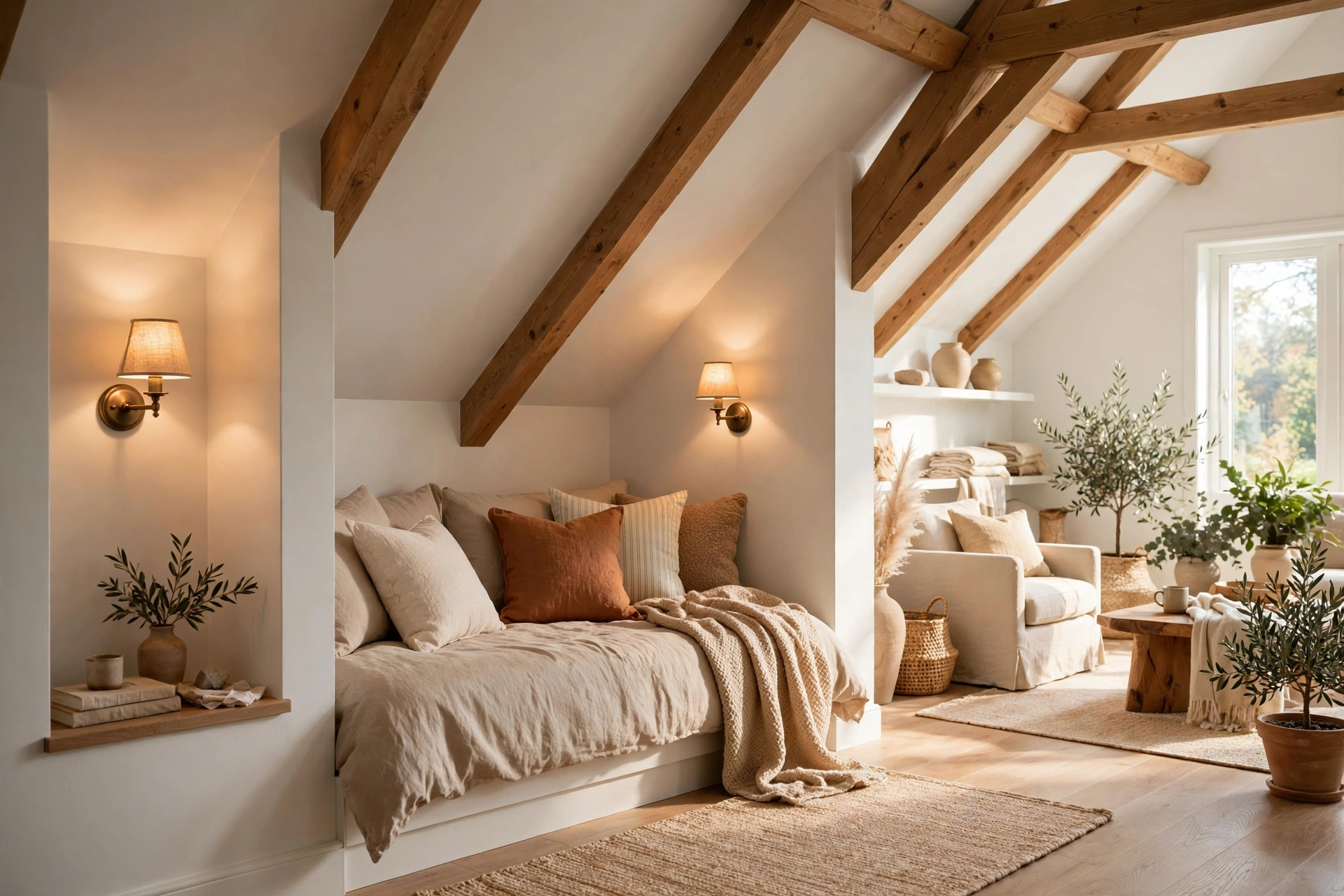 Low daybed tucked under sloped attic ceiling with wall sconces
