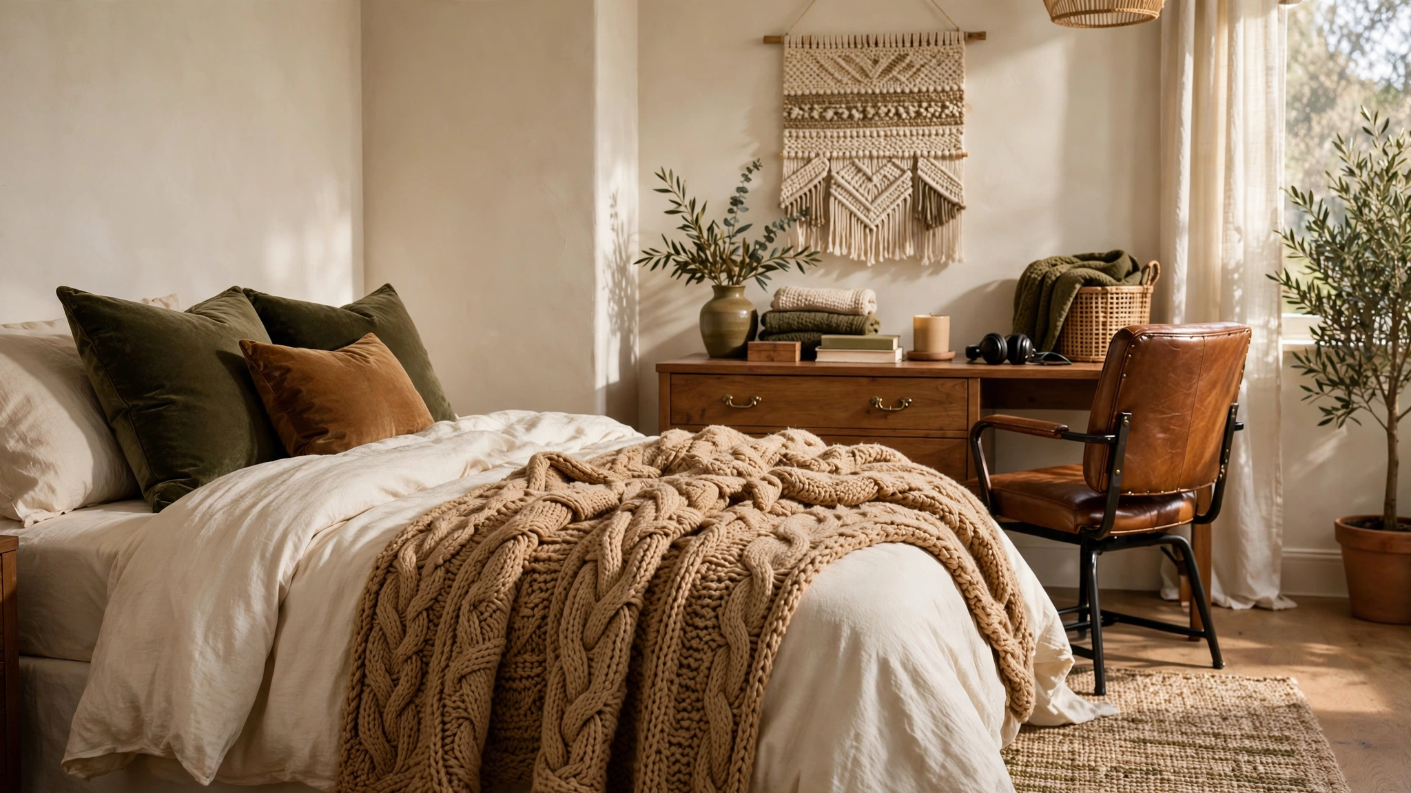 Teen bedroom mixing textures with a chunky knit throw, velvet cushions and woven wall hanging