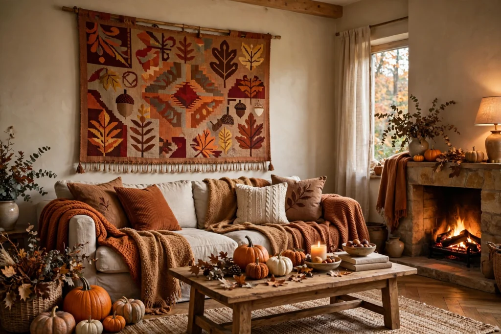 Rust toned autumn tapestry styled with pumpkins and warm throws