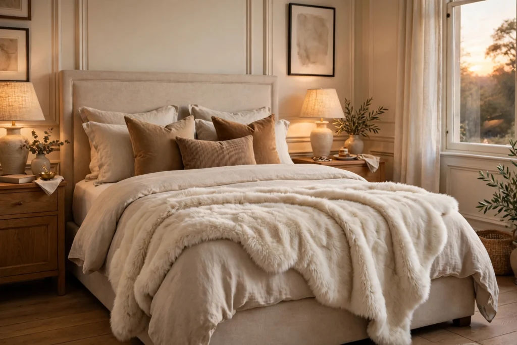 Faux fur throw rug draped across the foot of a styled bed