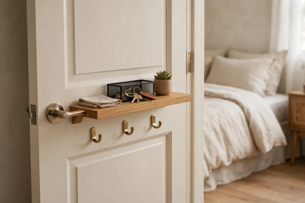 Small floating shelf with key tray and wall hooks inside a bedroom door