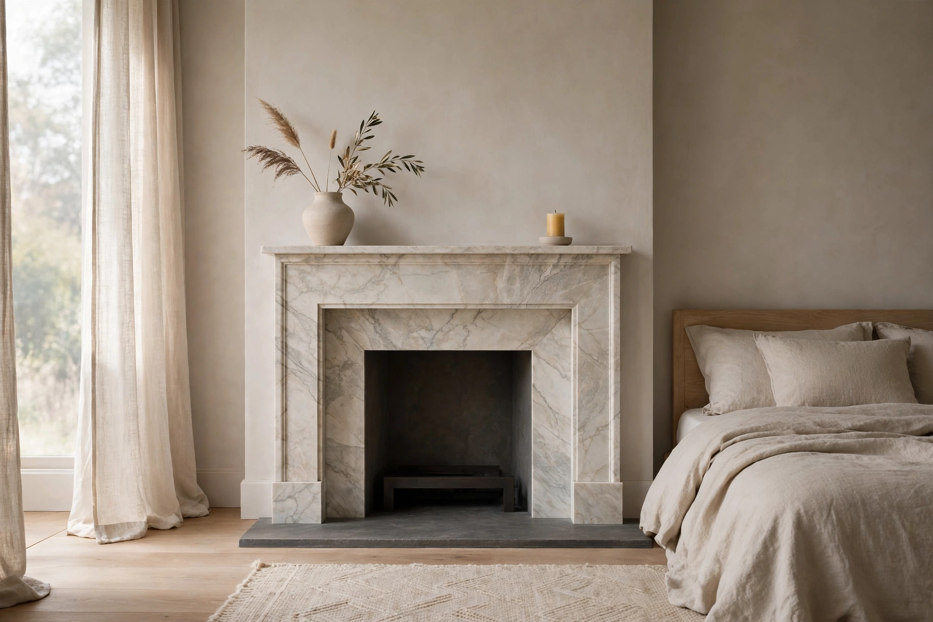 White wainscoting below with botanical wallpaper above in a bedroom