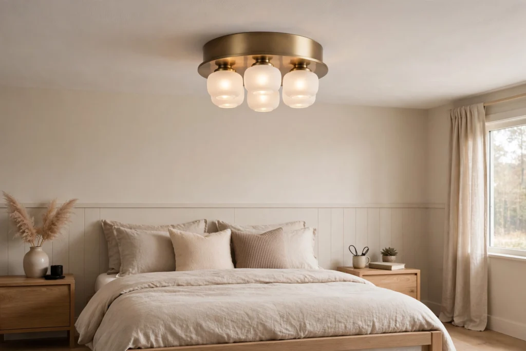 Semi-flush mount chandelier suited for a bedroom with low ceilings