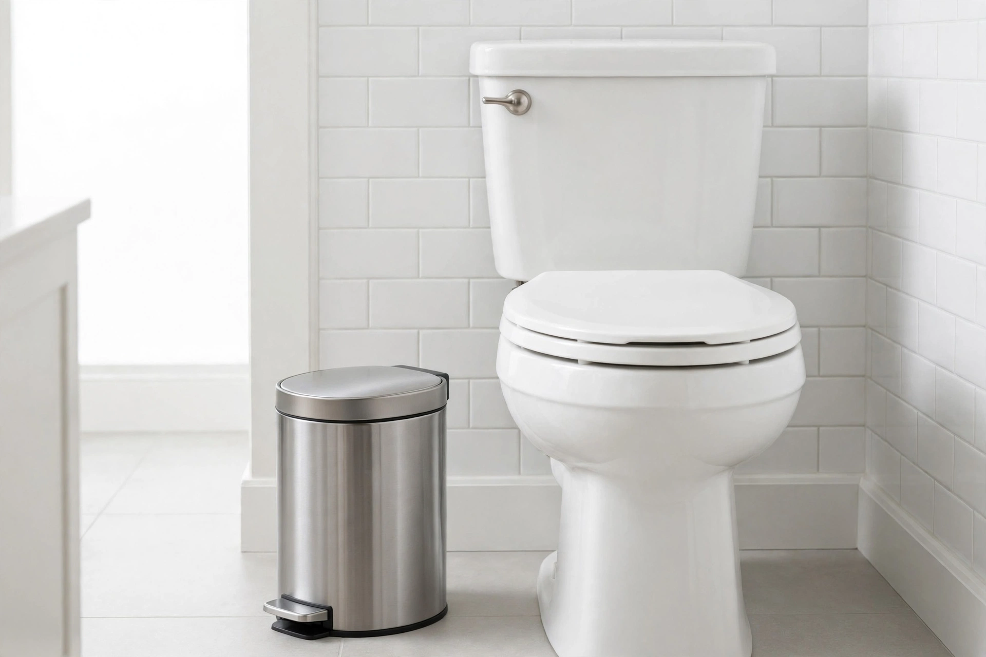 Three-gallon bathroom trash can showing ideal size beside a standard toilet