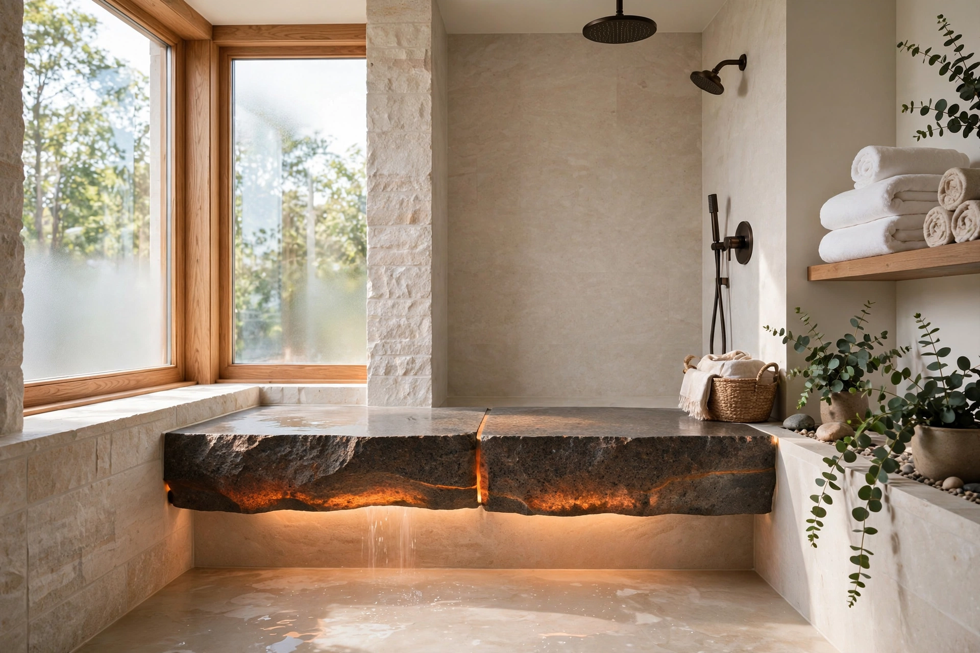 Heated stone slab shower bench glowing warm in a spa bathroom