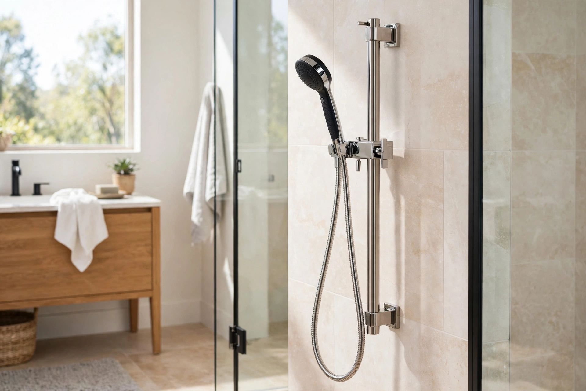 Handheld shower wand mounted on an adjustable vertical slide bar