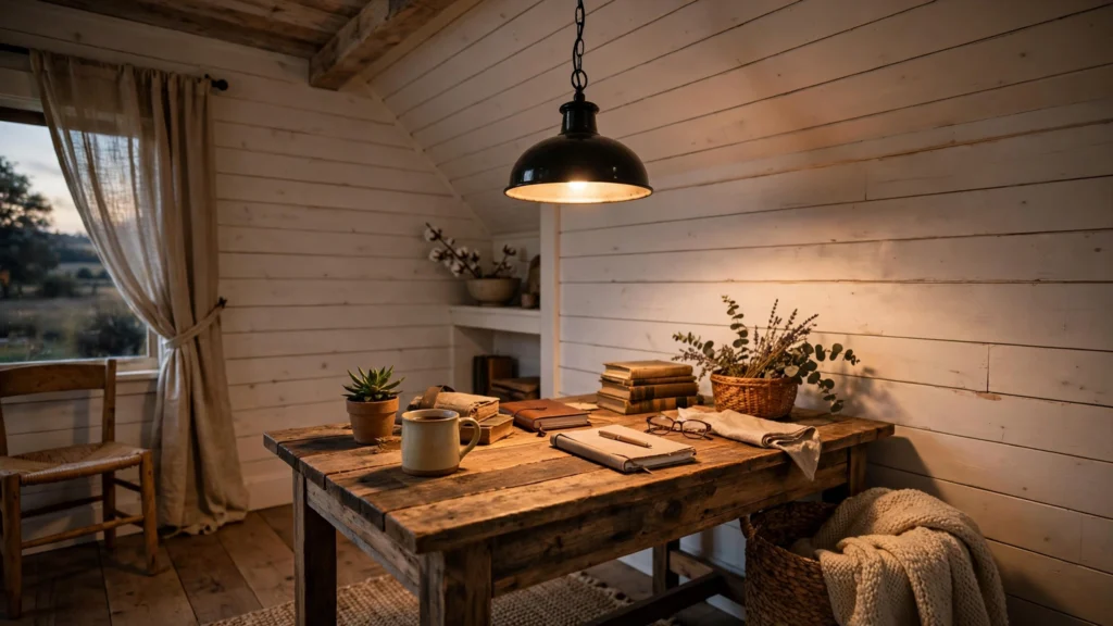 Black iron pendant light hanging over a farmhouse office desk