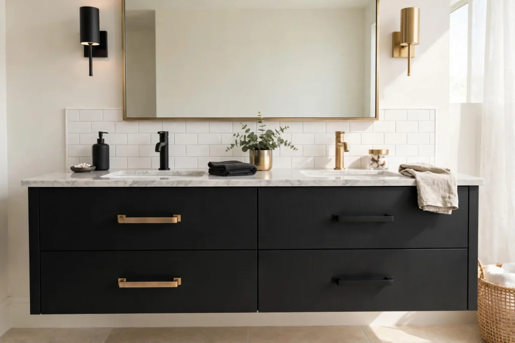 Matte black and brushed brass hardware mixed on a modern bathroom vanity