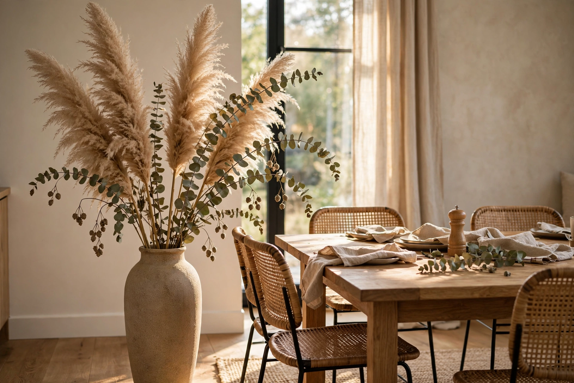 Tall vase of dried pampas grass and eucalyptus stems beside a dining table