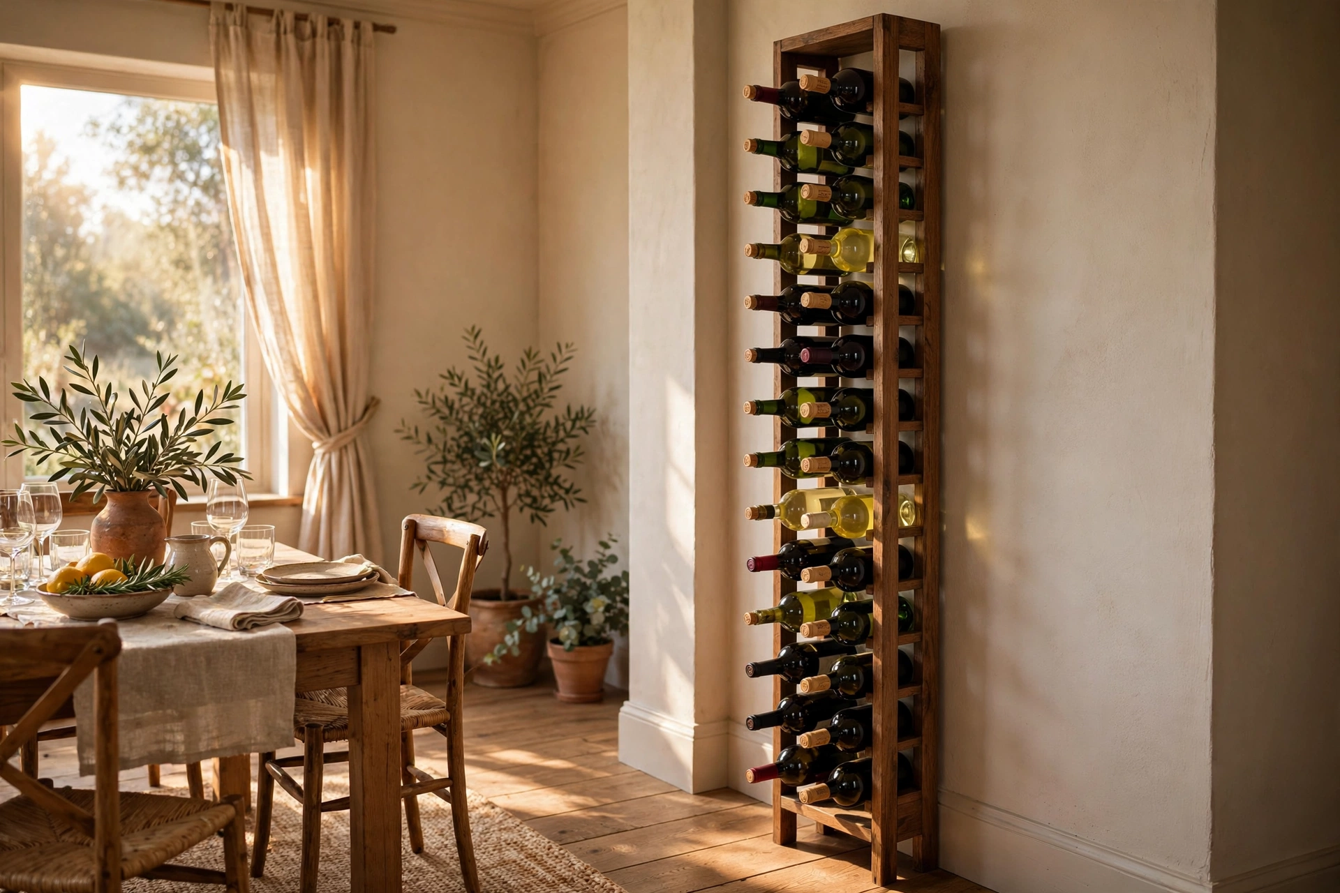 Tall narrow wine rack with bottles displayed in a dining room corner