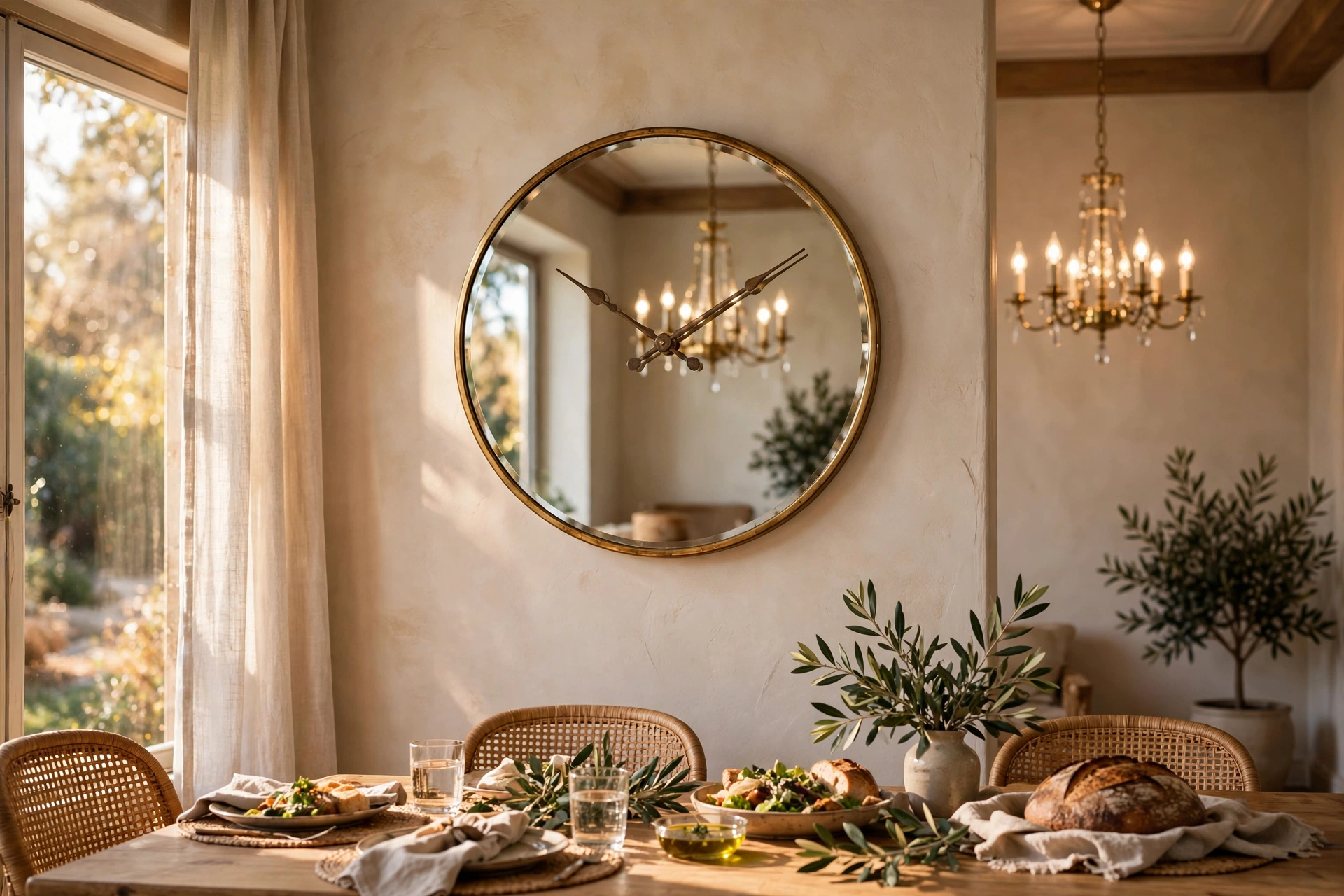 Mirrored-face wall clock with a thin brass frame reflecting a dining room chandelier