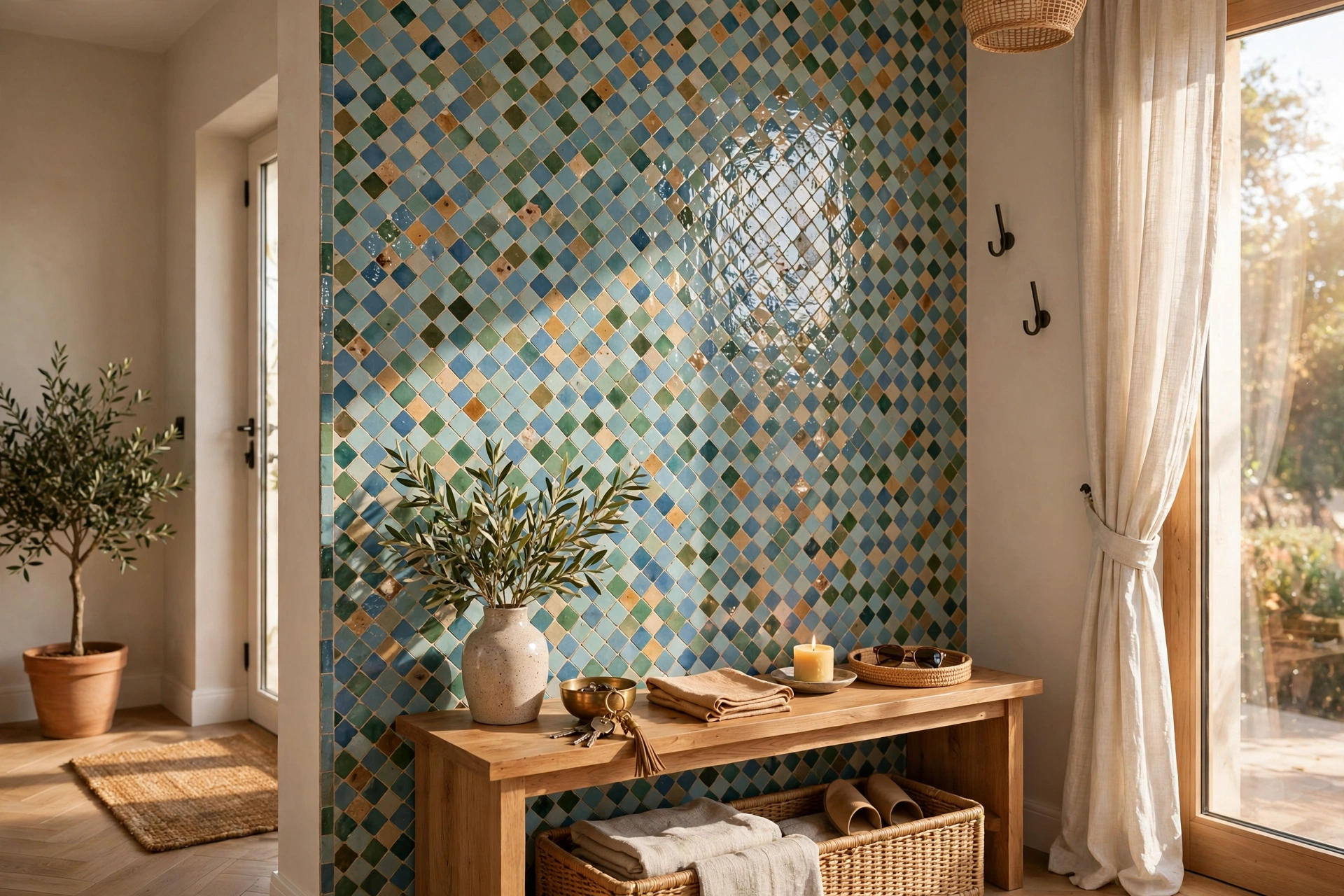 Entryway accent wall with shimmering handmade-look zellige tiles behind a console