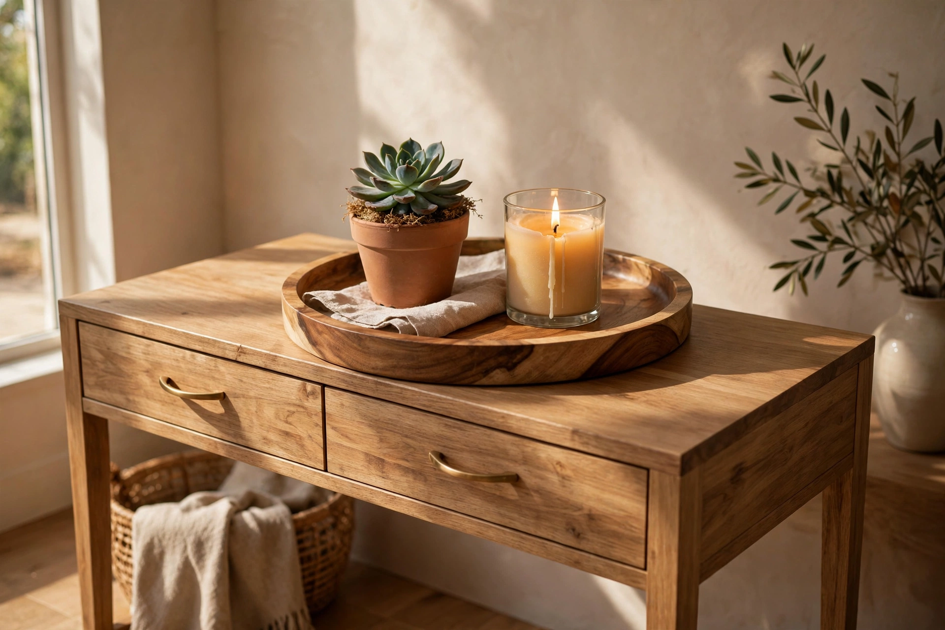 Round acacia wood tray with a candle and succulent on a rectangular console table