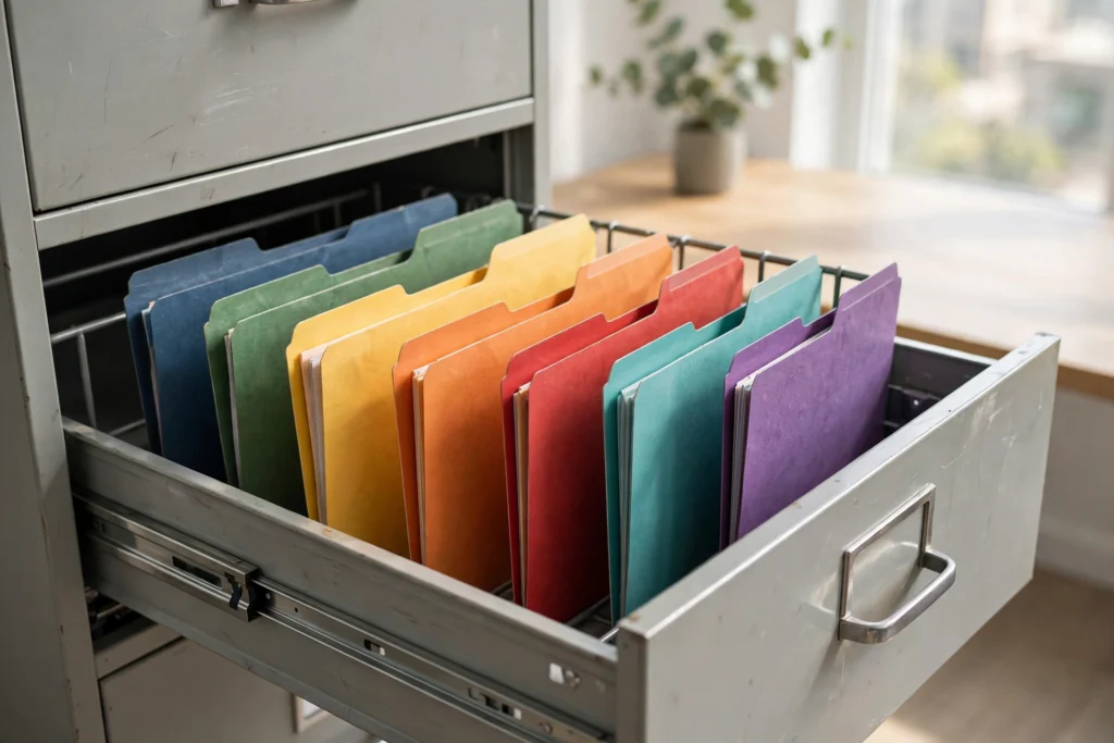 Open filing cabinet drawer with color-coded hanging folders and labels