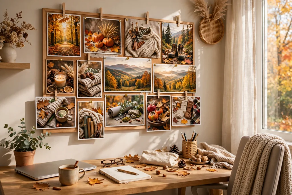 Seasonal vision board with autumn-themed goals and warm-toned images in a home office