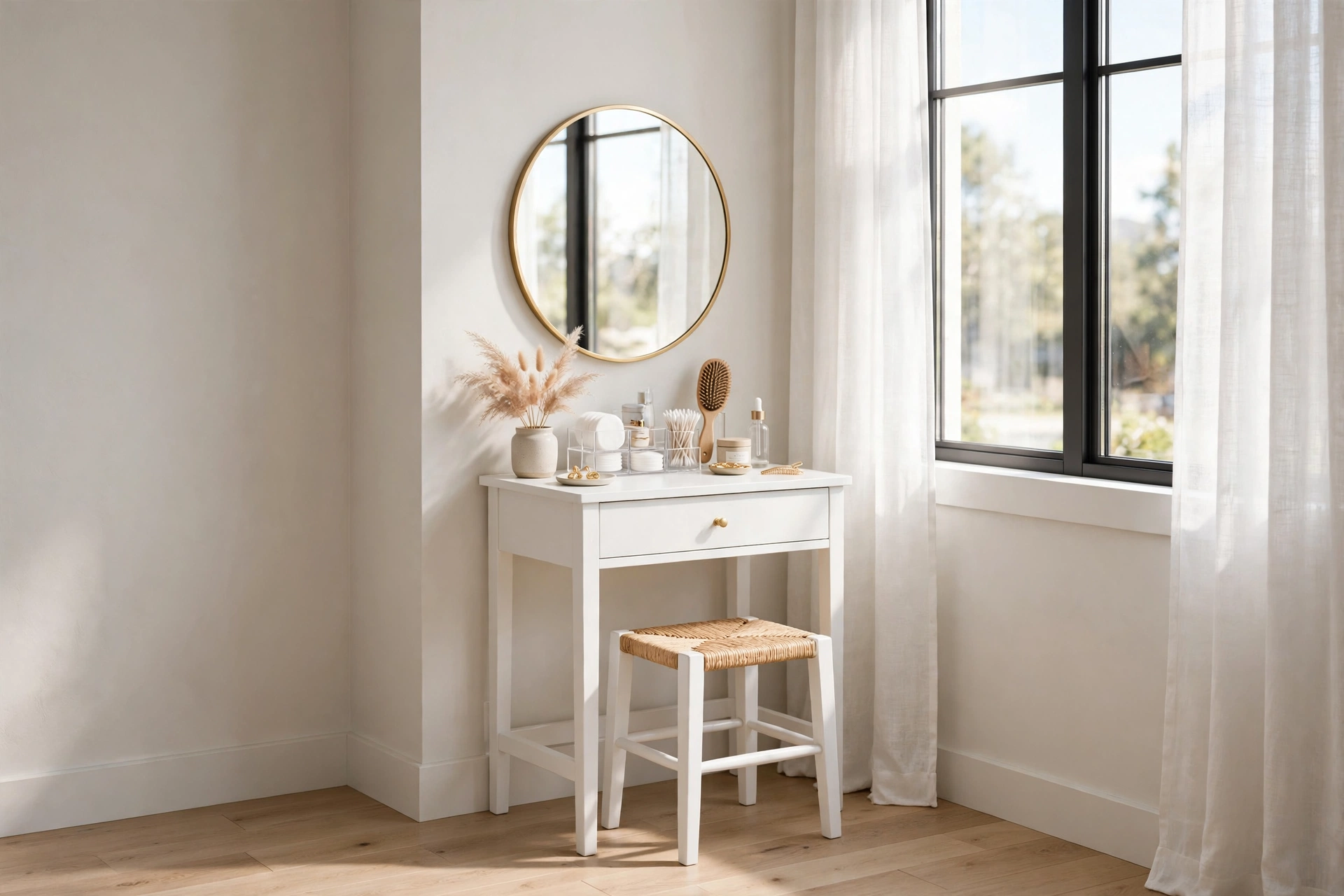 Small white vanity table with round mirror, stool, and organizers by a bright window