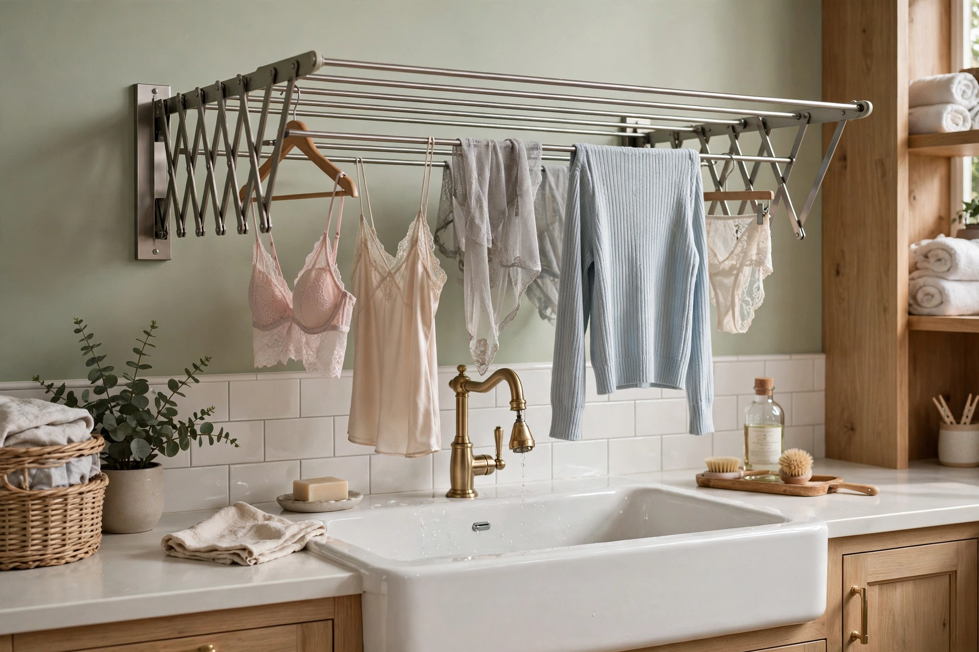 Wall-mounted accordion drying rack pulled out over a laundry sink holding delicates
