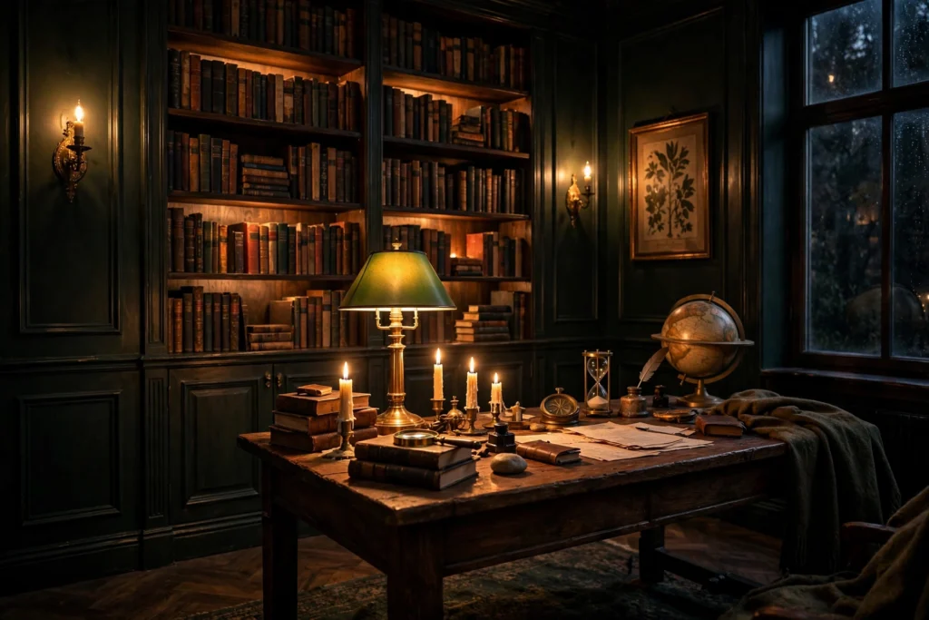 Dark academia office at evening with warm layered lighting and glowing bookshelves
