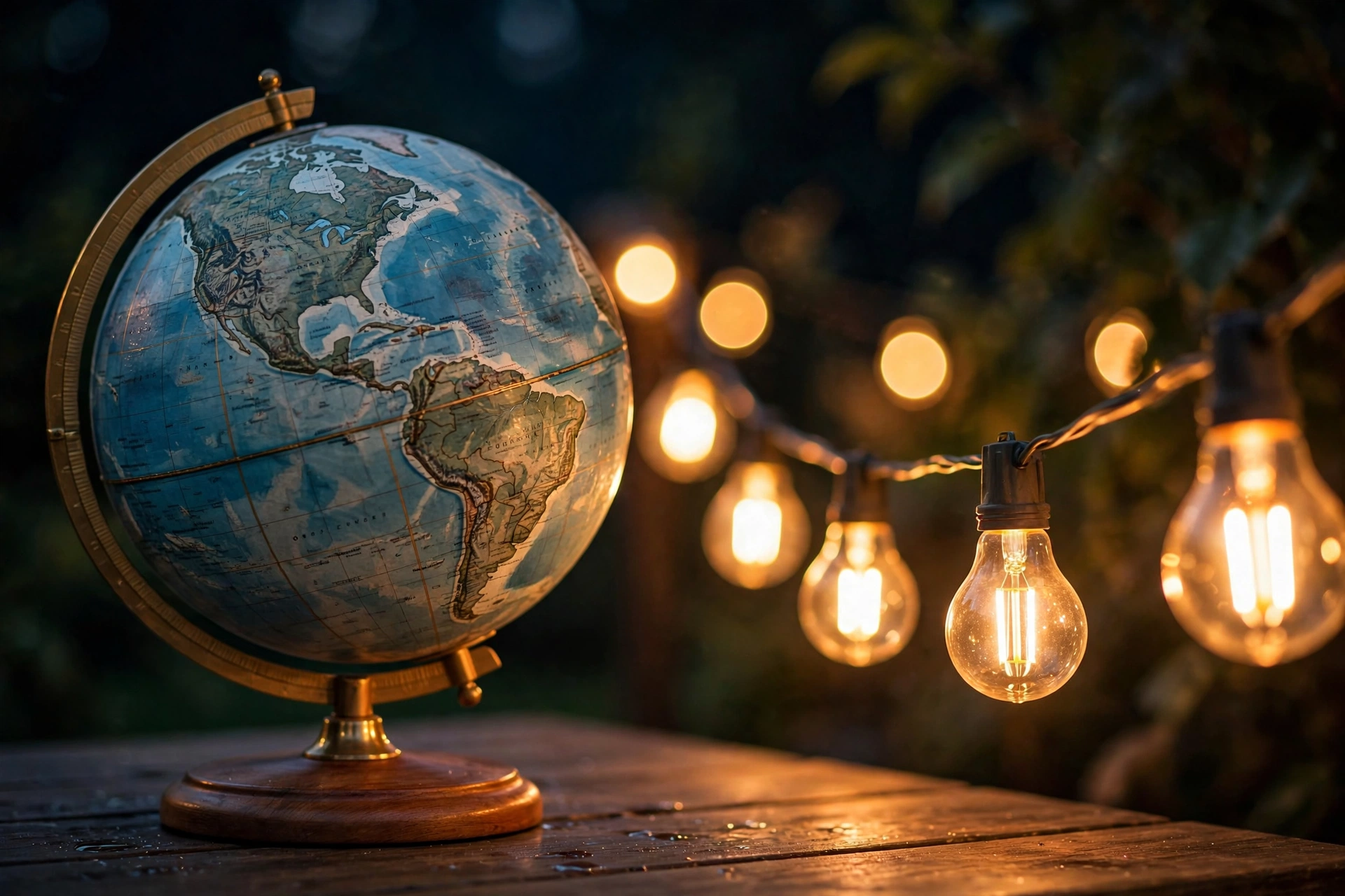 Close-up of globe and Edison bulb string lights glowing side by side