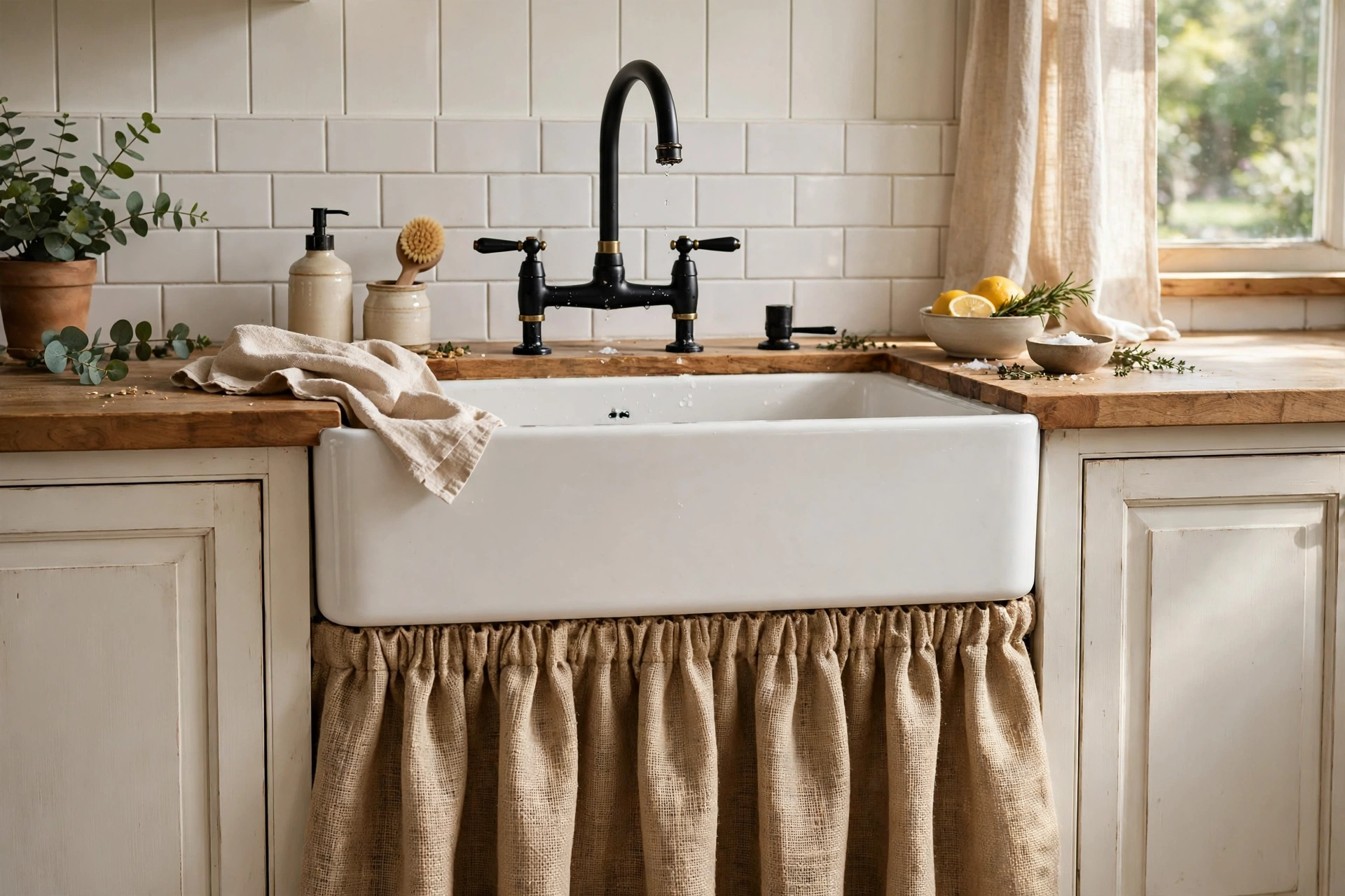 Rustic burlap sink skirt with natural oatmeal texture under a farmhouse kitchen sink
