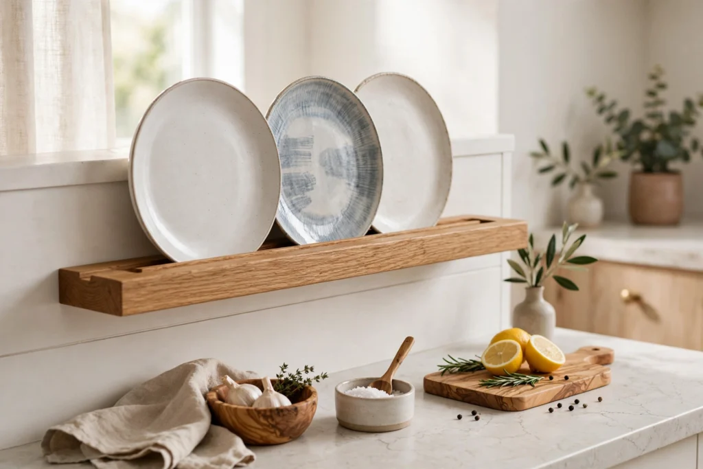 Wooden backsplash ledge with a routed plate groove holding plates above the counter
