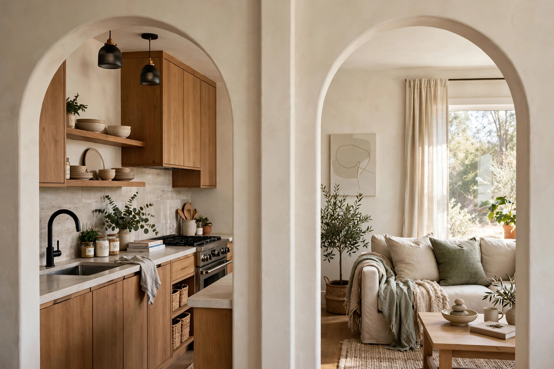 Twin arched pass-through openings with a slim structural column between kitchen and living space