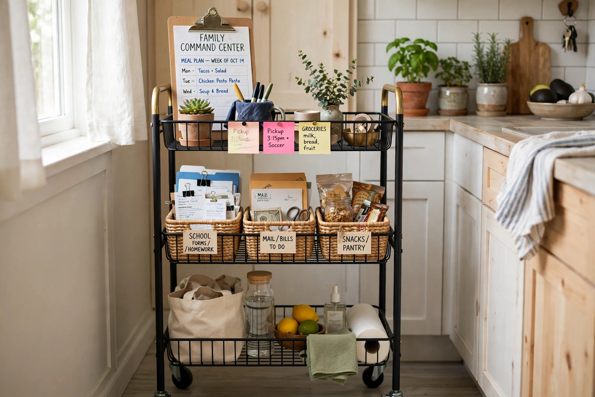 Three-tier rolling cart styled as a portable family command center for a small kitchen
