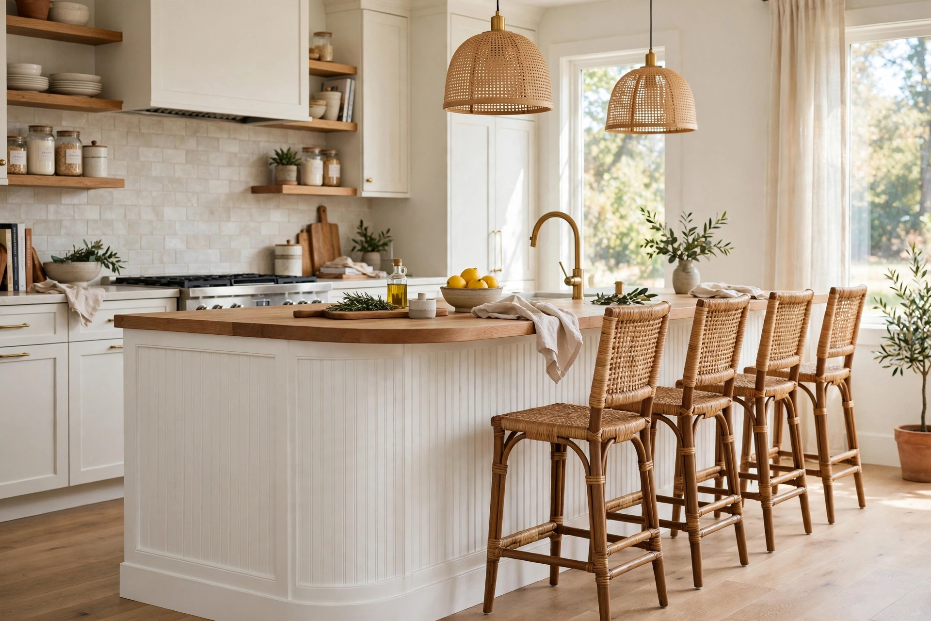Kitchen peninsula clad in beadboard on the outer face with seating on the far side