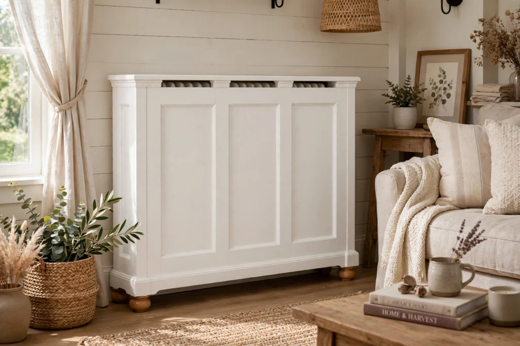 White Shaker style radiator cover with bun feet in farmhouse living room