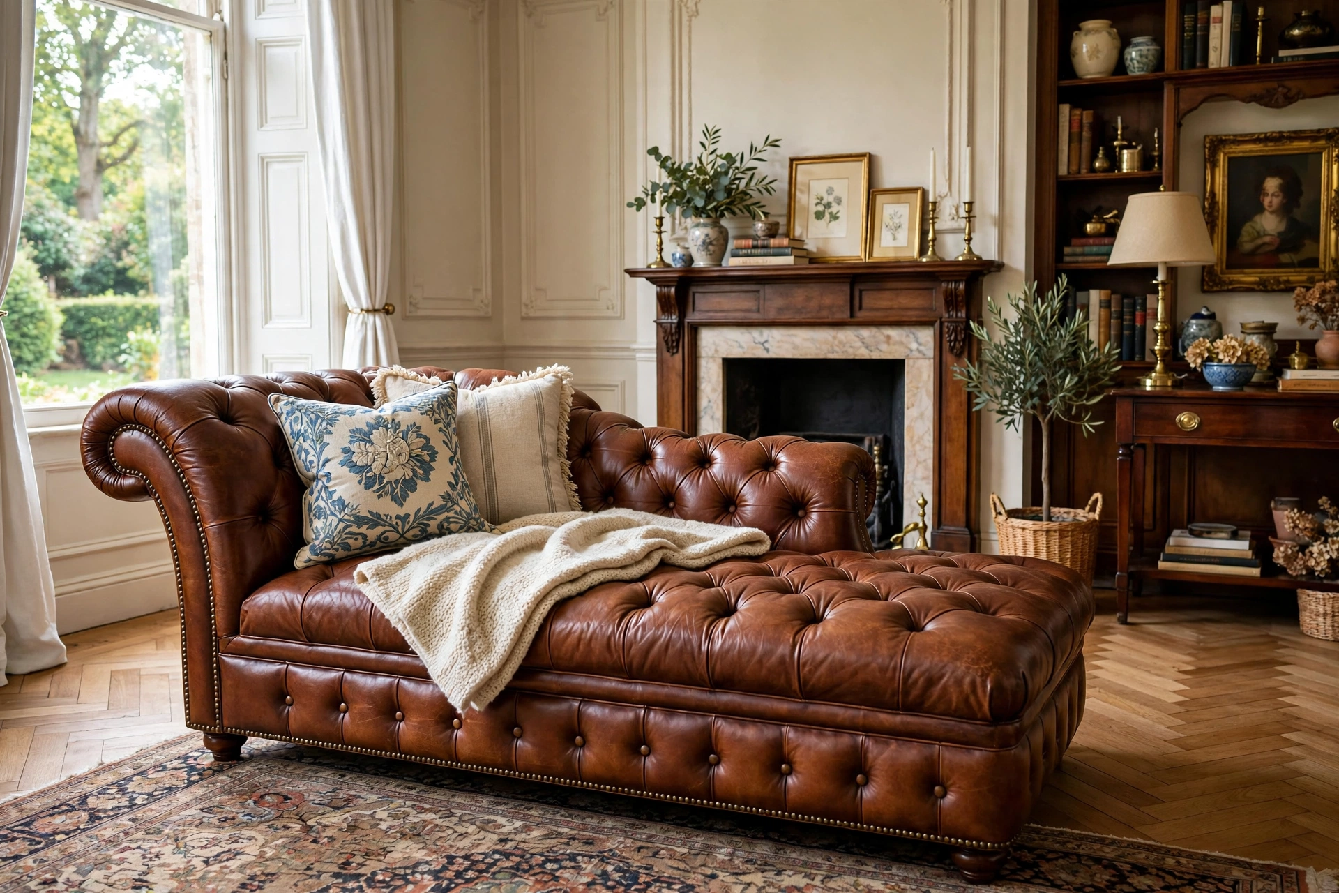 Deep-buttoned Chesterfield chaise lounge in a classic traditional living room