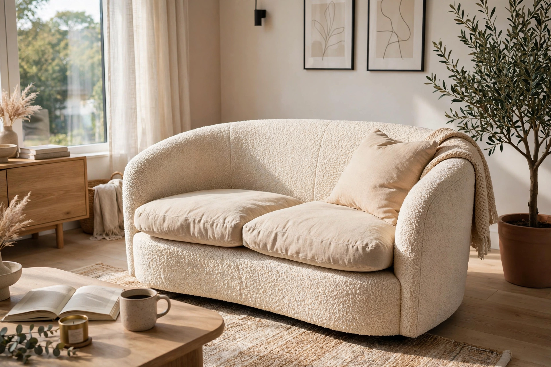 Curved bouclé barrel-back loveseat softening a modern living room
