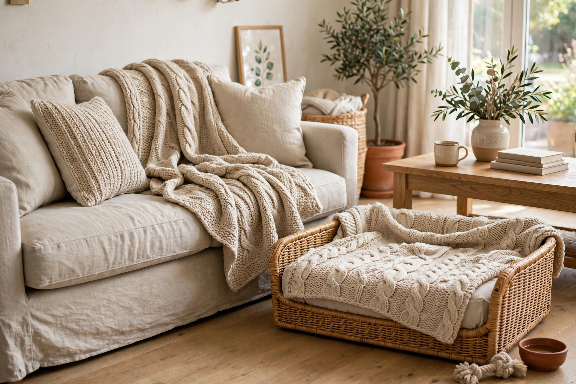 Dog bed dressed with a coordinating throw blanket matching the sofa